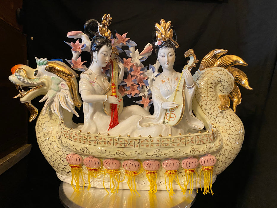 Vintage Handcrafted, Hand Painted, Porcelain Statue, Signed By a Chinese Master. Porcelain Figurine. Ladies Playing Instruments in Dragon Float (Large)-EZ Jewelry and Decor