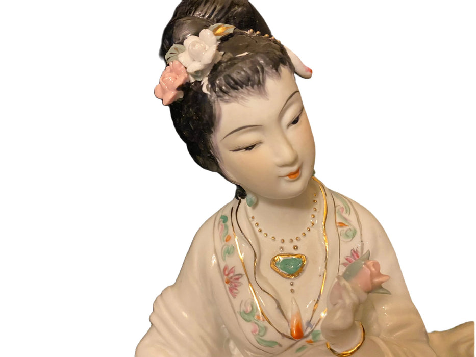 A Geisha Sitting with a Basket of Flowers.  Handcrafted, Hand Painted Porcelain Statue, Signed By a Chinese Master. 12"-EZ Jewelry and Decor