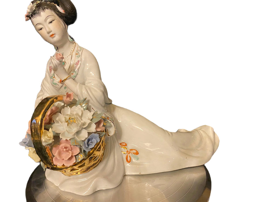 A Geisha Sitting with a Basket of Flowers.  Handcrafted, Hand Painted Porcelain Statue, Signed By a Chinese Master. 12"-EZ Jewelry and Decor