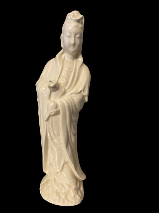 Vintage White Porcelain Guanyin Standing Statue , Signed Annie, 14”-EZ Jewelry and Decor