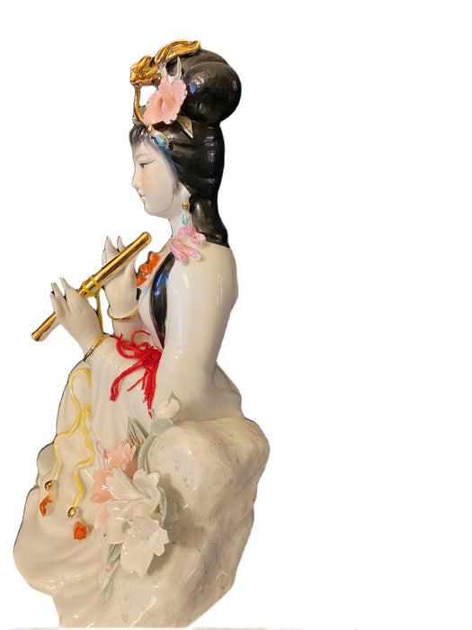 A Beautiful Geisha Playing Music Handcrafted, Hand Painted, Porcelain Statue, Signed By a Chinese Master.-EZ Jewelry and Decor