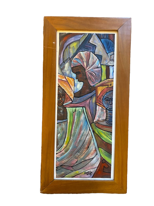 Prince Okliky, Framed Original Mix-media Painting, Abstract Cubist Agrican Portrait , 26.5” x 13”-EZ Jewelry and Decor